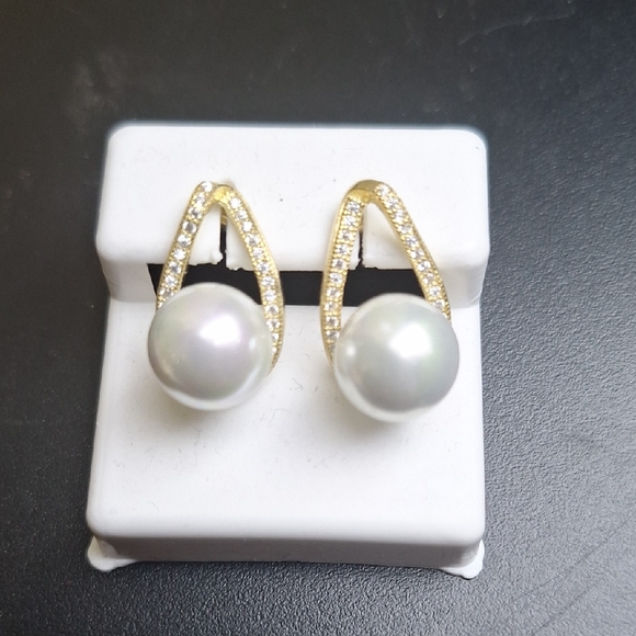 Jewelry - Gold 925 Sterling Silver Pearl Drop Earrings with Cubic Zirconia Accents